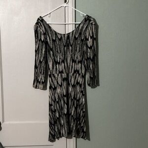 Express Black and Gray Feather Print Long Sleeve Dress